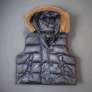 Gap Womens Puffer Vest Sz XL Black Faux Fur Hooded
